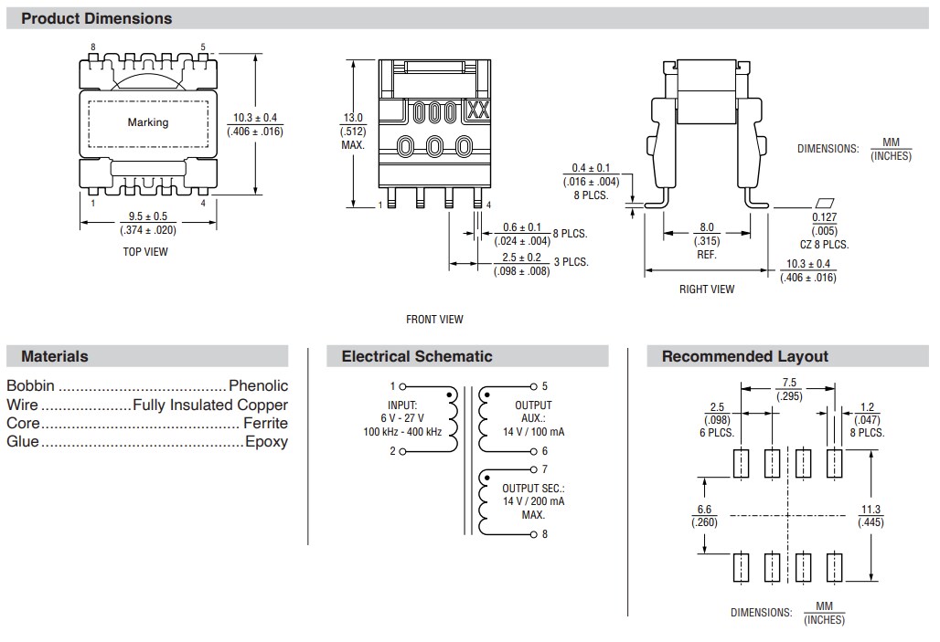 Mechanical Drawing - Bourns HVMA01F35A-ST10S Flyback Transformer